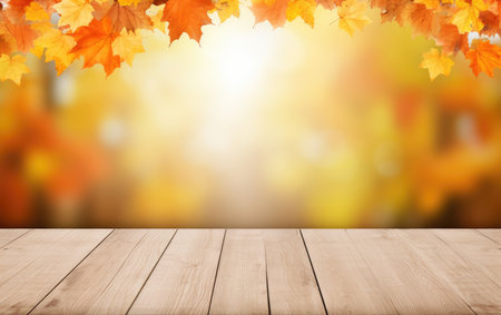 Wooden table and blurred Autumn background. Autumn yellow leaves bannerの素材