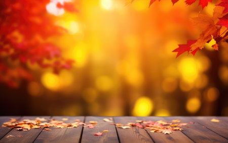 Wooden table and blurred Autumn background. Autumn yellow leaves bannerの素材