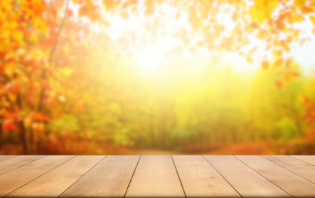 Wooden table and blurred Autumn background. Autumn yellow leaves bannerの素材