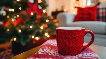 Christmas background with Mug on a Table blurred effect. warm, and cozy ambient lighting from New Year's tree Compositionの素材