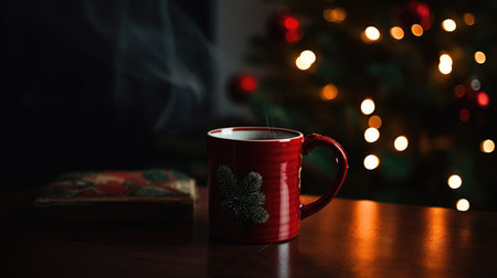 Christmas background with Mug on a Table blurred effect. warm, and cozy ambient lighting from New Year's tree Compositionの素材