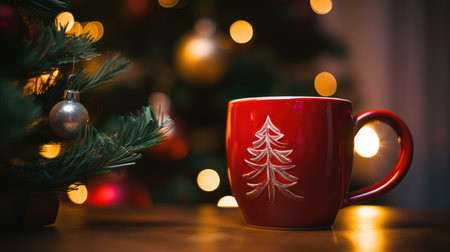 Christmas background with Mug on a Table blurred effect. warm, and cozy ambient lighting from New Year's tree Compositionの素材
