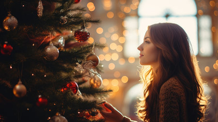 Happy joyful girl the background of a Christmas treeの素材