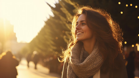happy girl adult smiling in a Christmas settingの素材