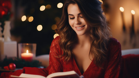 happy girl adult smiling in a Christmas settingの素材