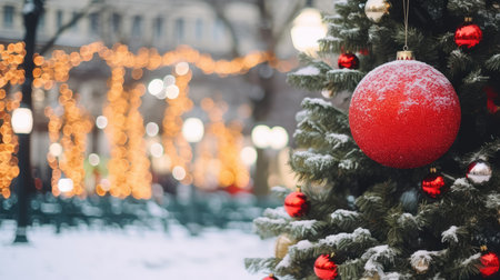 Winter city background with a decorated beautiful holiday tree. Christmas tree on a city street. Merry Christmas and Happy New Yearの素材