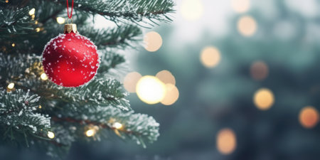 Christmas fir tree decoration hanging ball. Merry Christmas and Happy New Year. Festive bright beautiful backgroundの素材