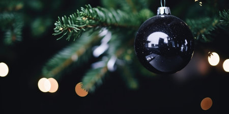 Christmas fir tree decoration hanging ball. Merry Christmas and Happy New Year. Festive bright beautiful backgroundの素材