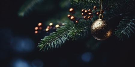 Christmas fir tree decoration hanging ball. Merry Christmas and Happy New Year. Festive bright beautiful backgroundの素材