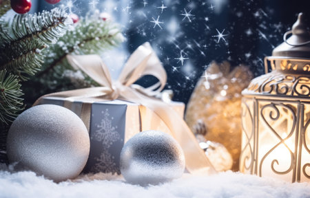 Christmas gift box on tree background. Merry Christmas and Happy New Yearの素材