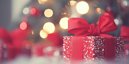 Christmas gift box on tree background. Merry Christmas and Happy New Yearの素材