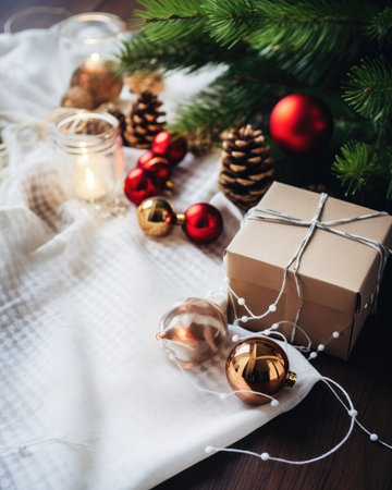 Christmas gift box on xmas tree holiday background. Christmas bright beautiful poster and bannerの素材