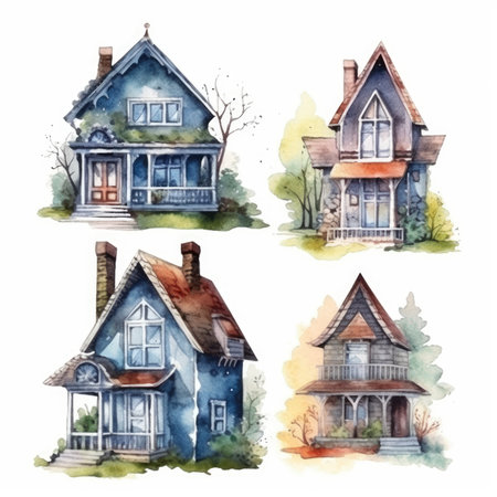set small two-story house cottage of watercolors on white backgroundの素材