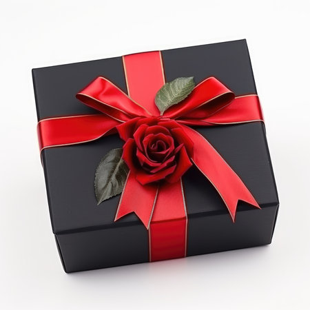Black gift box with red ribbon and red rose isolated on white backgroundの素材