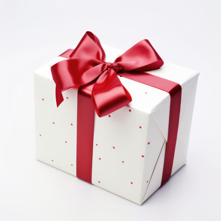white gift box with red bow isolated on white backgroundの素材