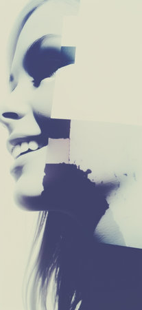 Happy girl. Surrealist pop art poster. Retro girl 1970s. Photographic collage black white colorsの素材