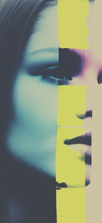 Happy girl. Surrealist pop art poster. Retro girl 1970s. Photographic collage black white colorsの素材