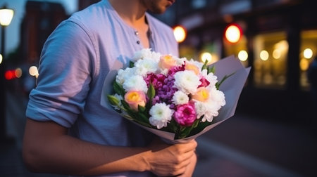 Man with a bouquet of flowers. The guy holds a congratulatory bouquet of flowers for Valentine's Day, birthday, wedding, Mother's Day, Happy March 8th. Evening time in the backgroundの素材