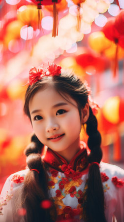 Asian girl in traditional costume for celebration. Lunar new years. Chinese New Yearの素材