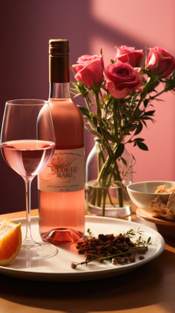 wine bottle sitting on a tray, wine glass, red rose next to bottle, pink backgroundの素材