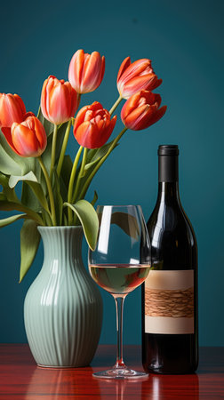 wine bottle, wine glass, tulip next to bottle, blue backgroundの素材