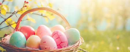 Easter holiday. Easter basket with colorful eggs on a background of green grass meadowの素材