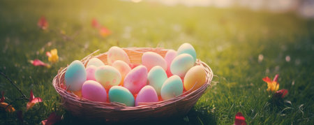 Easter holiday. Easter basket with colorful eggs on a background of green grass meadowの素材