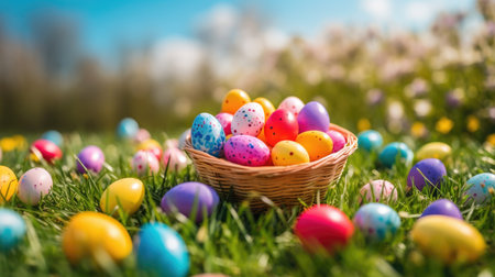 Easter holiday. Easter basket with colorful eggs on a background of green grass meadowの素材