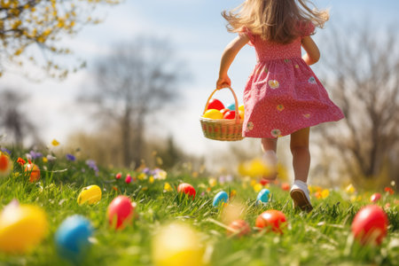 Festive Easter and spring day, design of little girl's hand holding basket with colorful Easter eggs on lawn backgroundの素材
