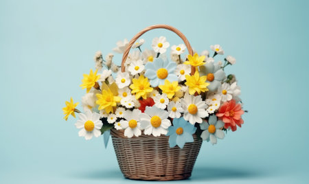 Easter holiday background flat top view. On the table there is an Easter basket with colorful eggs and beautiful spring flowersの素材