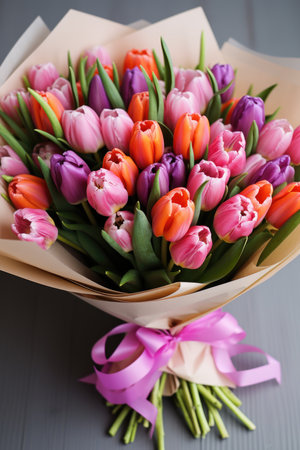 Bouquet of flowers tulips beautiful. Background flowers for the holidays Valentine's Day, Birthday, Happy Woman Day, Mother's Day. Holiday poster and bannerの素材