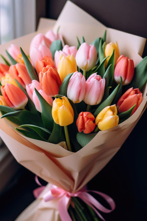 Bouquet of flowers tulips beautiful. Background flowers for the holidays Valentine's Day, Birthday, Happy Woman Day, Mother's Day. Holiday poster and bannerの素材