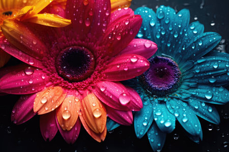 Colorful gerbera flowers with water drops on black background.の素材