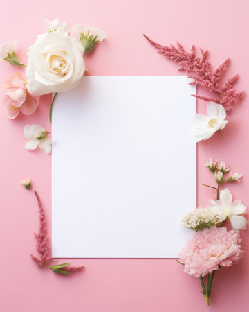 Elegant floral and paper blank in center. Beautiful flower. Branding mock up, holiday marketing concept. soft color pink background. Valentine's Day, Easter, Birthday, Happy Women's Day, Mother's Day.の素材