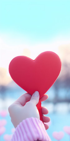 Red heart in woman's hand on winter background, close-upの素材