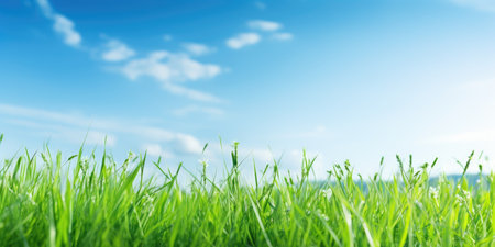 Green grass on blue clear sky, spring nature theme. Panorama landscapeの素材