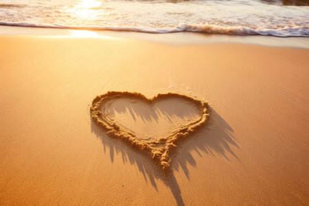 Silhouette of a heart on the sand of a sea beach. Love heart on beach sandの素材