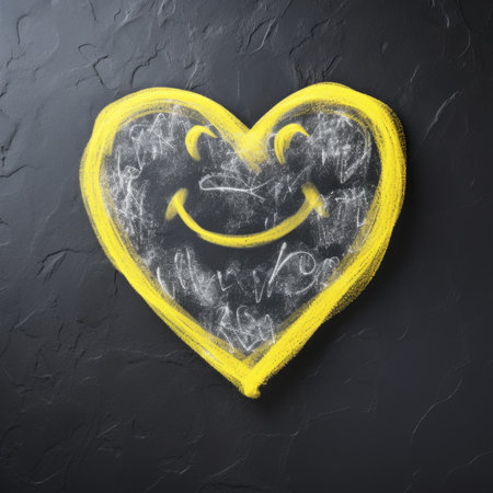 heart with a smiley face drawn in chalk on a dark backgroundの素材