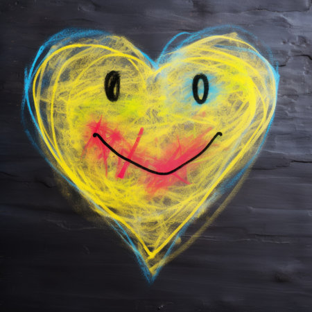 heart with a smiley face drawn in chalk on a dark backgroundの素材