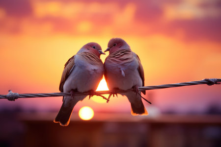 Two turtle dove love birds on wire at sunsetの素材