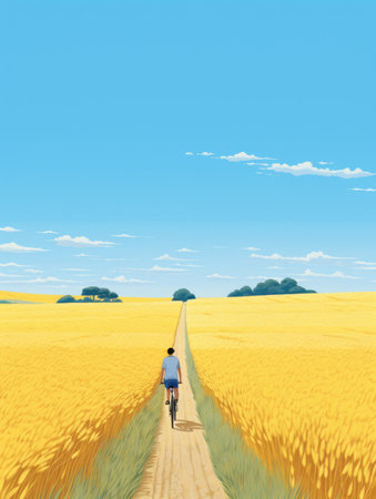 Woman rides a bicycle through wheat fields. girl in blue gray clothes riding her bike down the road in a yellow wheat field, blue sky white cloudsの素材