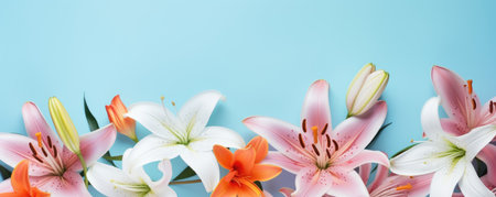 Spring flowers lily. Bouquet of flowers on pastel background. Valentine's Day, Easter, Birthday, Happy Women's Day, Mother's Day. Flat lay, top view, copy space for textの素材