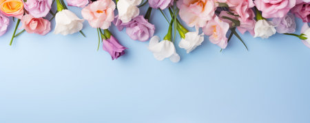 Spring flowers. Bouquet of LISIANTHUS AND EUSTOMA flowers on pastel background. Valentine's Day, Easter, Birthday, Happy Women's Day, Mother's Day. Flat lay, top view, copy space for textの素材