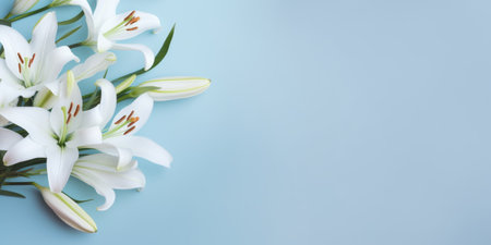 Spring flowers lily. Bouquet of flowers on pastel background. Valentine's Day, Easter, Birthday, Happy Women's Day, Mother's Day. Flat lay, top view, copy space for textの素材