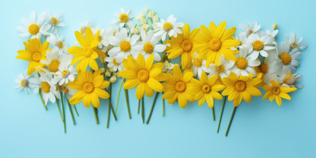 Spring flowers. Bouquet of flowers on pastel background. Valentine's Day, Easter, Birthday, Happy Women's Day, Mother's Day. Flat lay, top view, copy space for textの素材