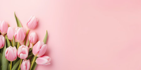 Spring flowers tulip. Bouquet of flowers on pastel pink background. Valentine's Day, Easter, Birthday, Happy Women's Day, Mother's Day. Flat lay, top view, copy space for textの素材