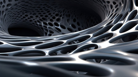 3d render of abstract metallic background with waves and holes in itの素材