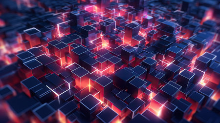 Abstract 3d rendering of chaotic geometric shapes. Background with glowing cubes.の素材