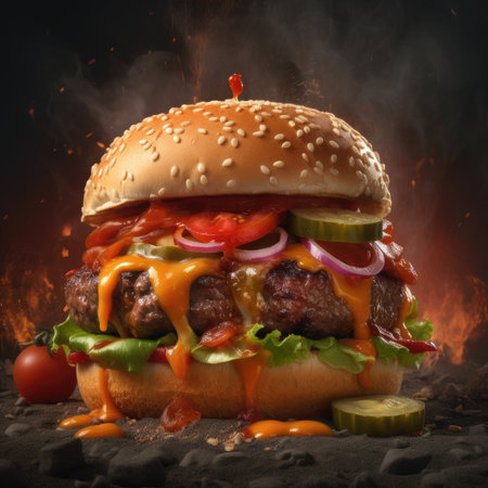 Big tasty hamburger with meat, vegetables and cheese on dark backgroundの素材