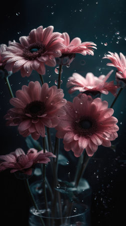 Beautiful pink gerbera flowers with water drops on dark backgroundの素材